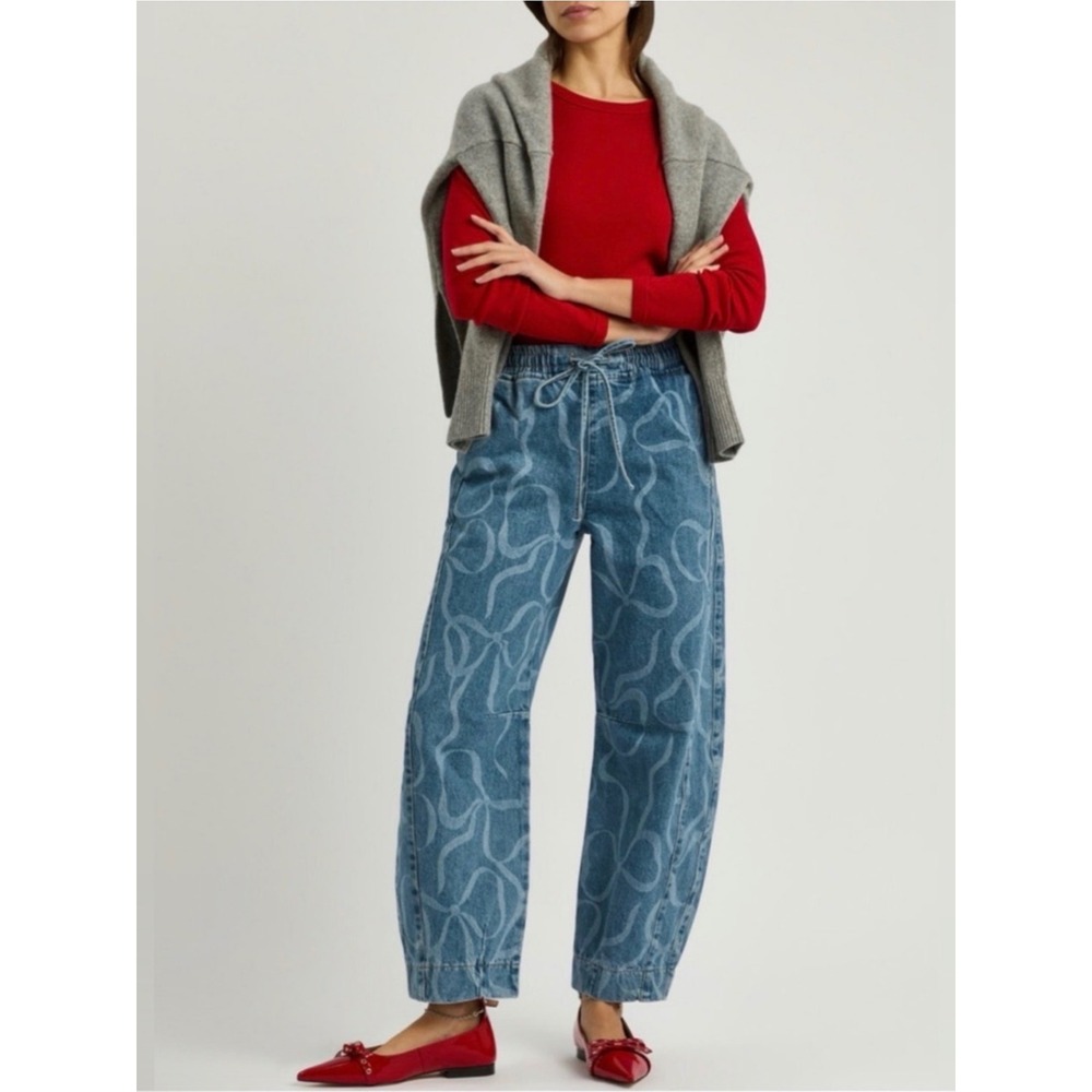 Damson Madder Bow Print Denim Trousers Womens 6 Blue Excellent Barrel Leg Pants